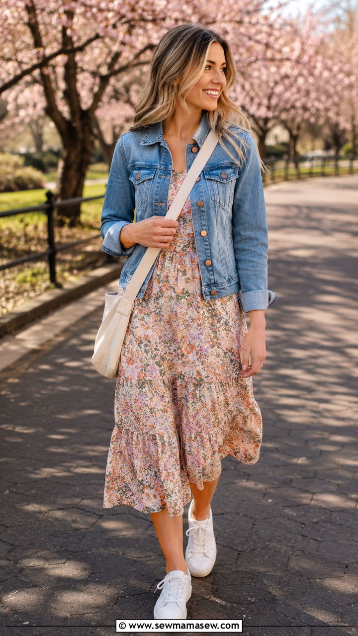Denim Jacket Over Floral Midi Dress Outfit - 25 Mid March outfit ideas