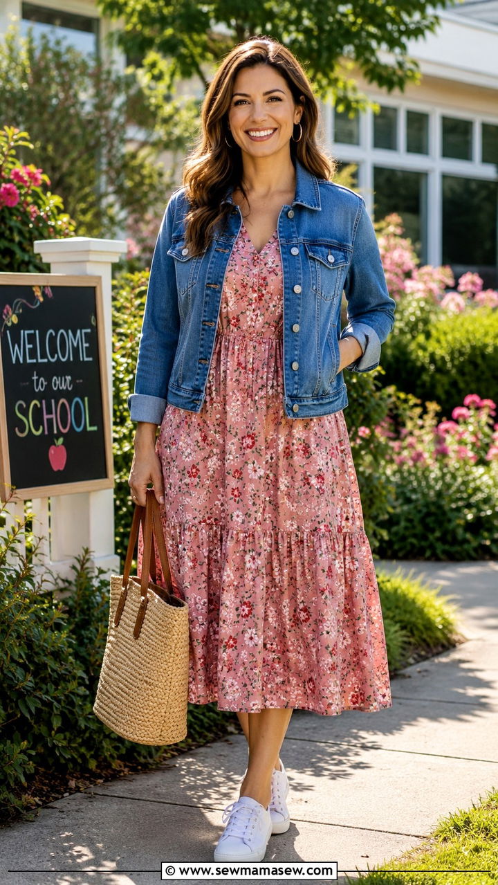 Denim Jacket Over Floral Midi Dress Outfit - 30 teacher outfits 2026