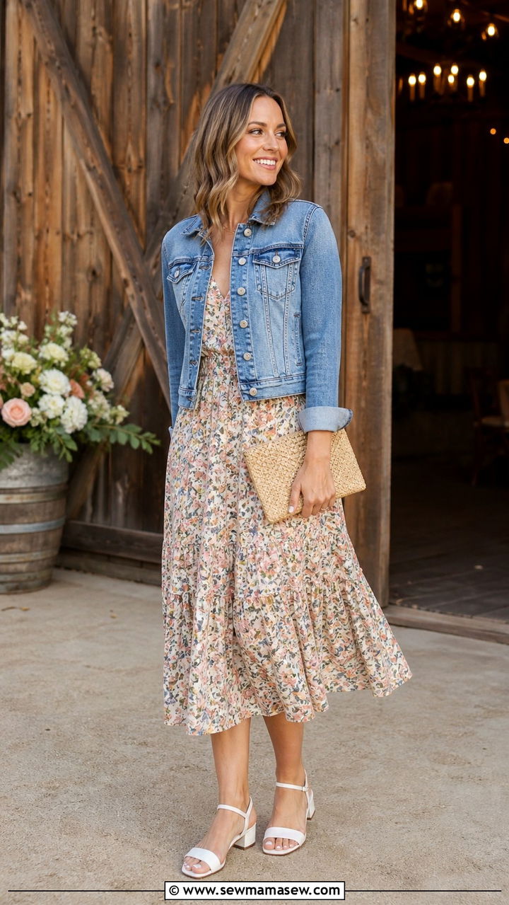 Denim Jacket Over Floral Midi Dress With White Low Heels - 40 Casual wedding guest outfits