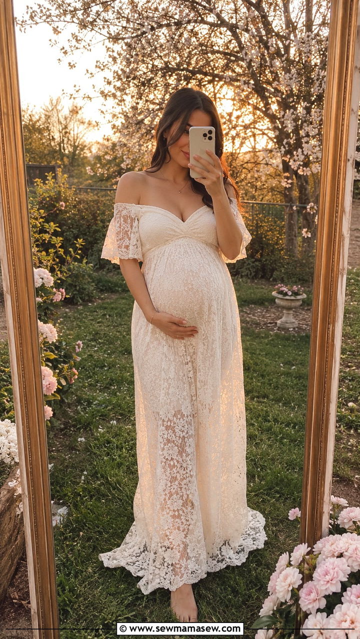 Denim Jacket Over Floral Midi Dress With White Sneakers - 30 Spring maternity photo outfits