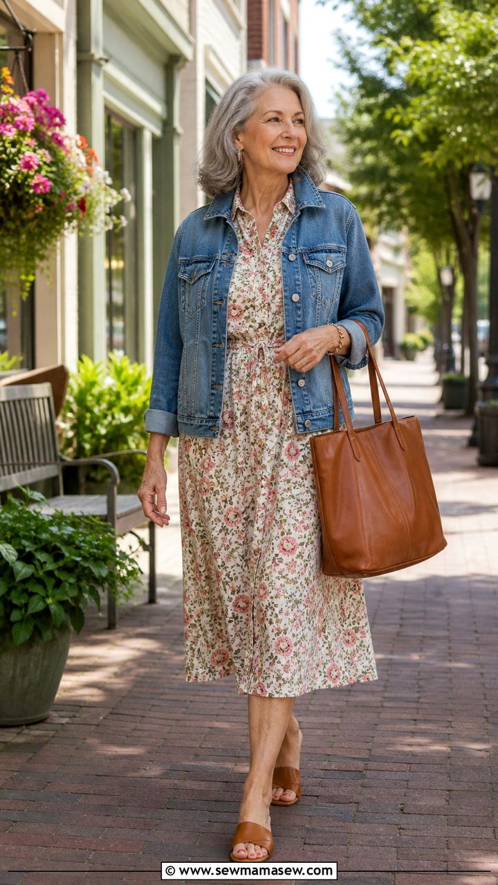 Denim Jacket Over Floral Midi Shirt Dress - 20 Apple shape outfits for women over 60