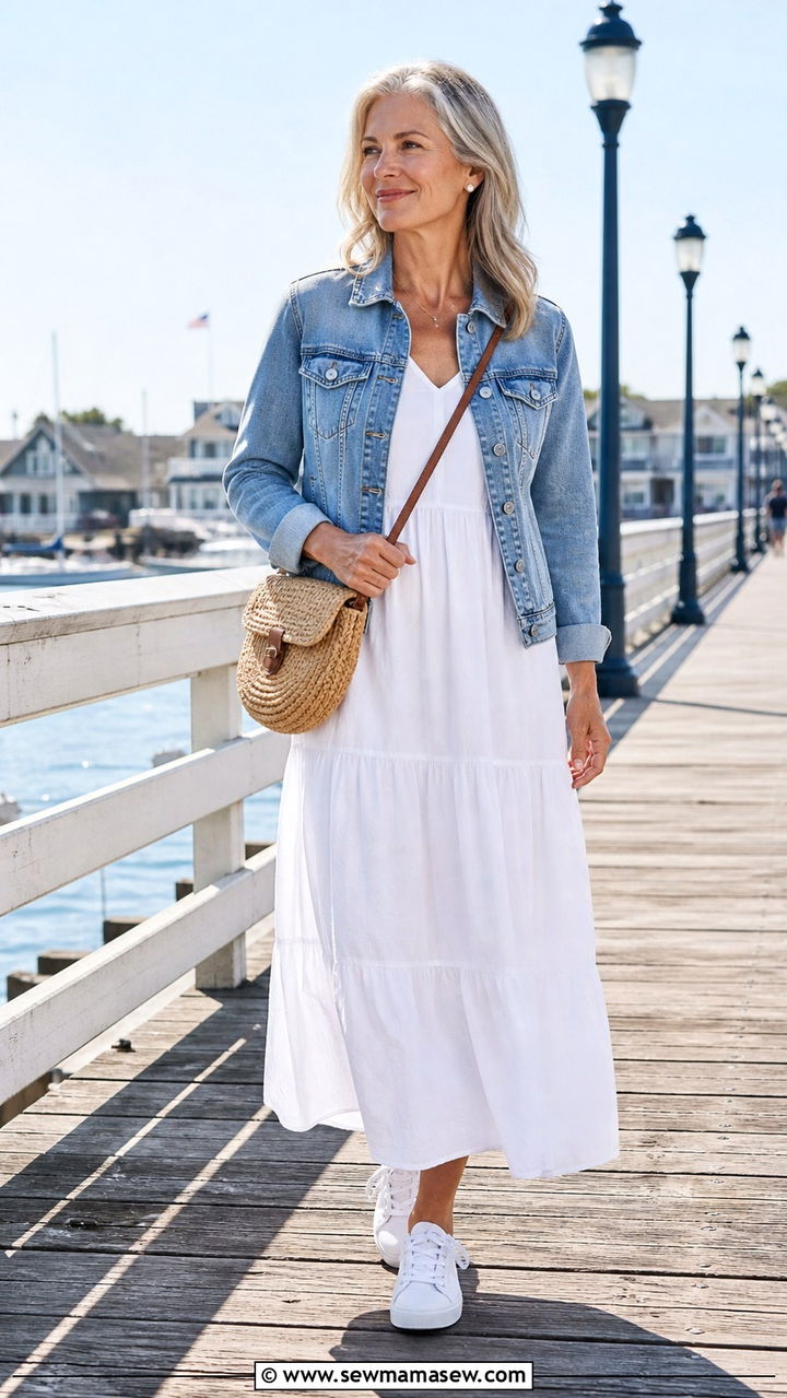 Denim Jacket Over Flowy White Sundress Outfit - 40 coastal grandmother outfits