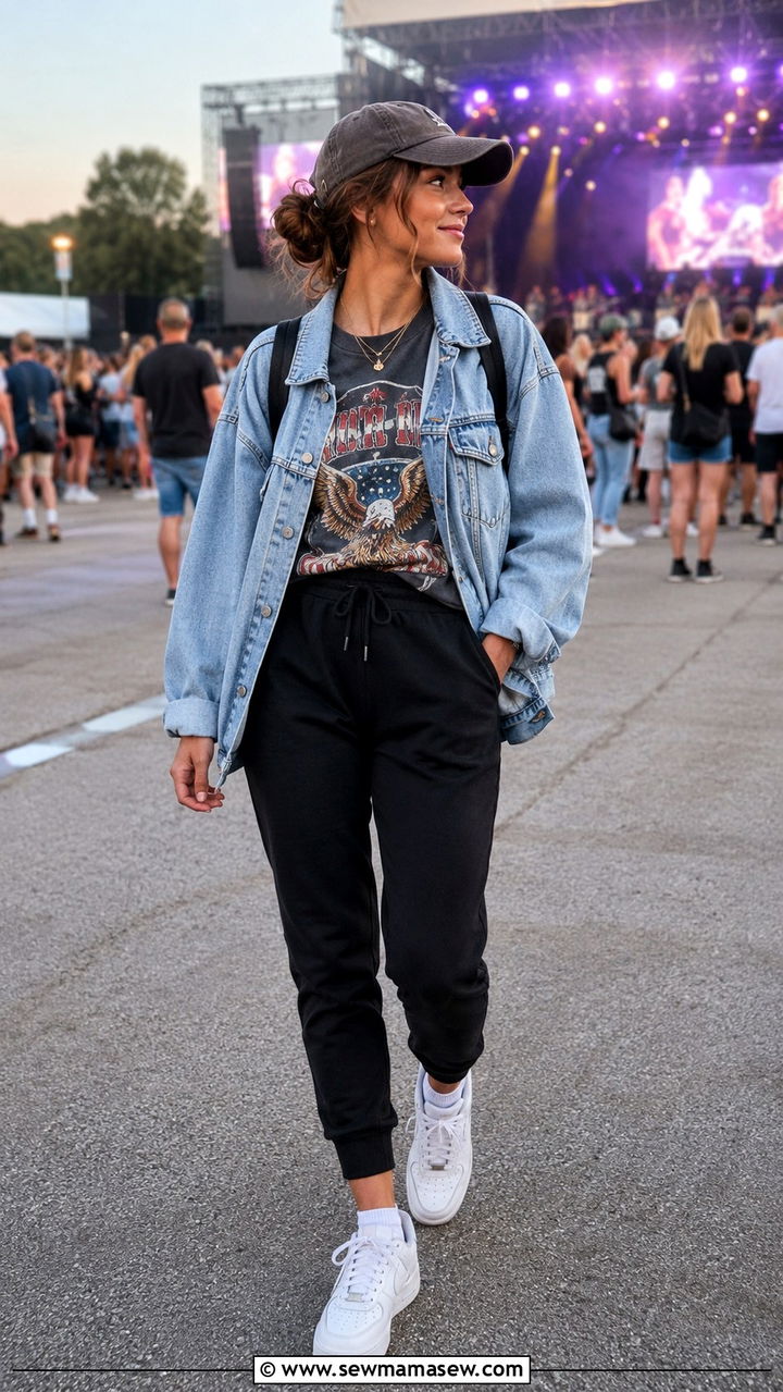 Denim Jacket Over Graphic Tee With Joggers And Sneakers - 25 seasonal summer concert outfit ideas