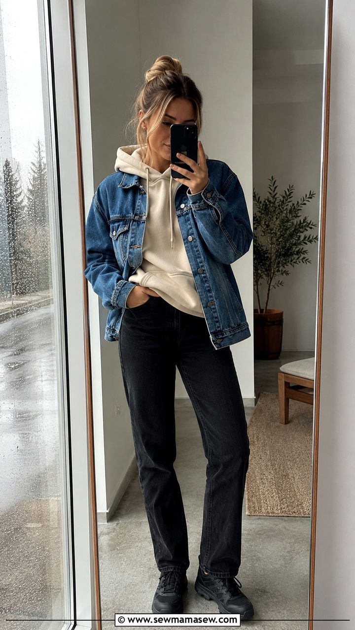 Denim Jacket Over Hoodie With Black Jeans - 30 rainy day outfits casual