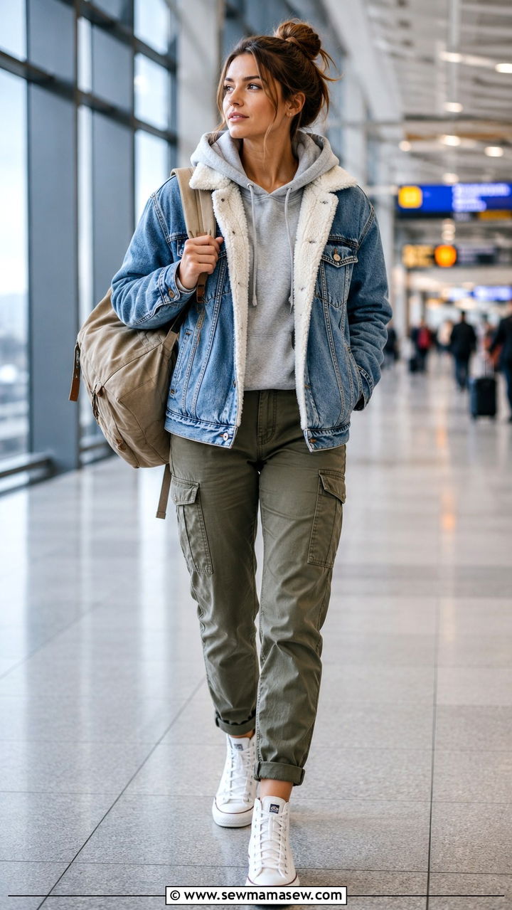 Denim Jacket Over Hoodie With Cargo Pants - 25 Airport outfit ideas for cold destination