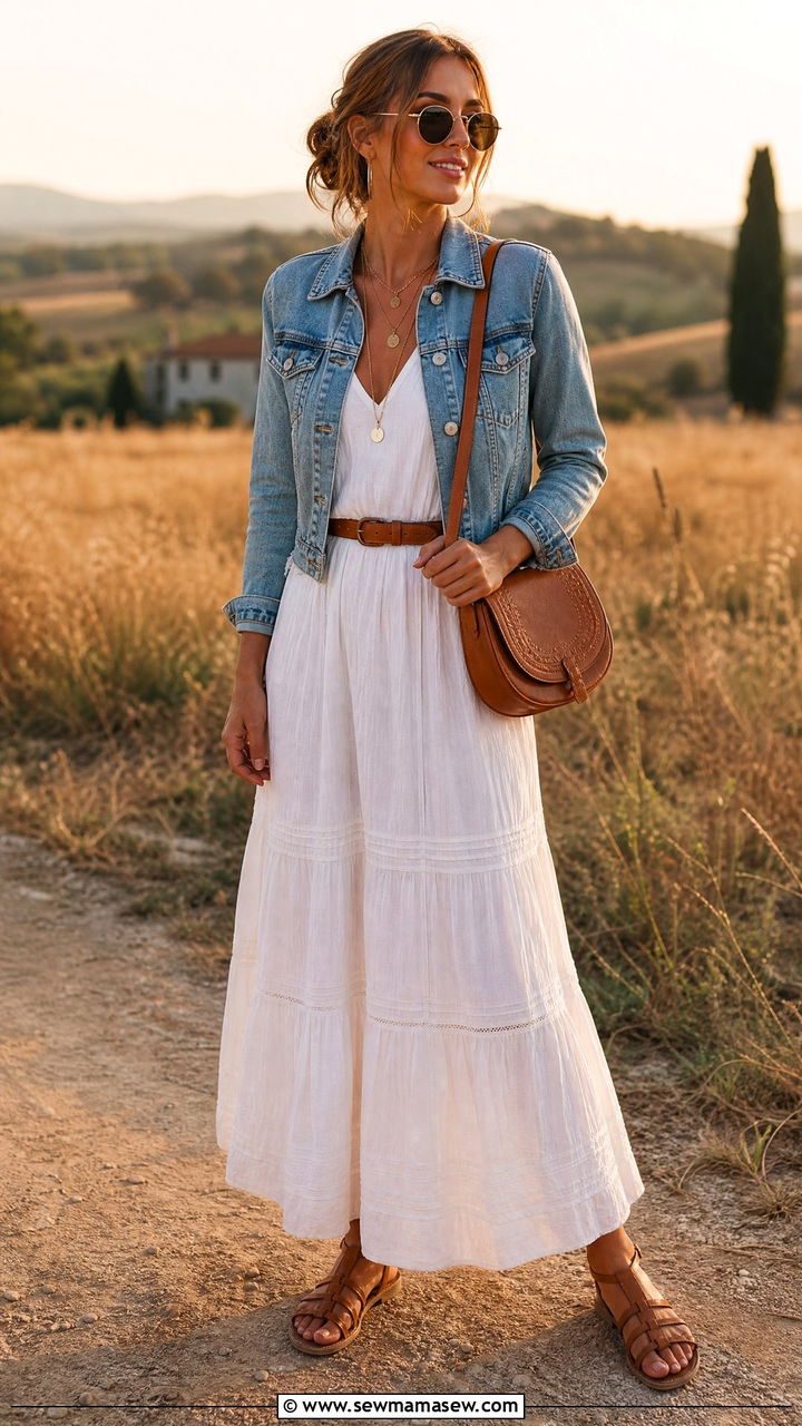 Denim Jacket Over Maxi Dress With Crossbody Bag - 30 Summer outfits with crossbody bags