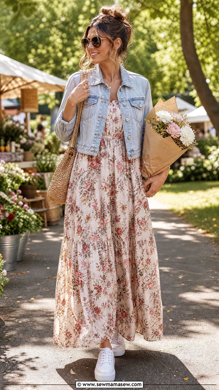 Denim Jacket Over Maxi Dress - 25 casual cute outfits
