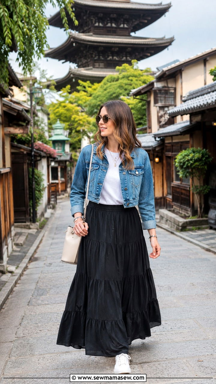 Denim Jacket Over Maxi Skirt Kyoto - 30 Kyoto outfit ideas