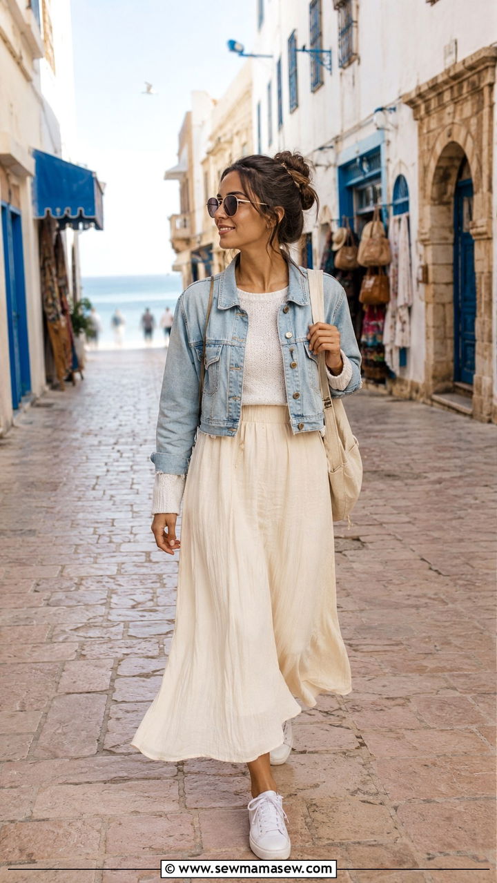 Denim Jacket Over Maxi Skirt - 20 Modest outfit ideas for Morocco