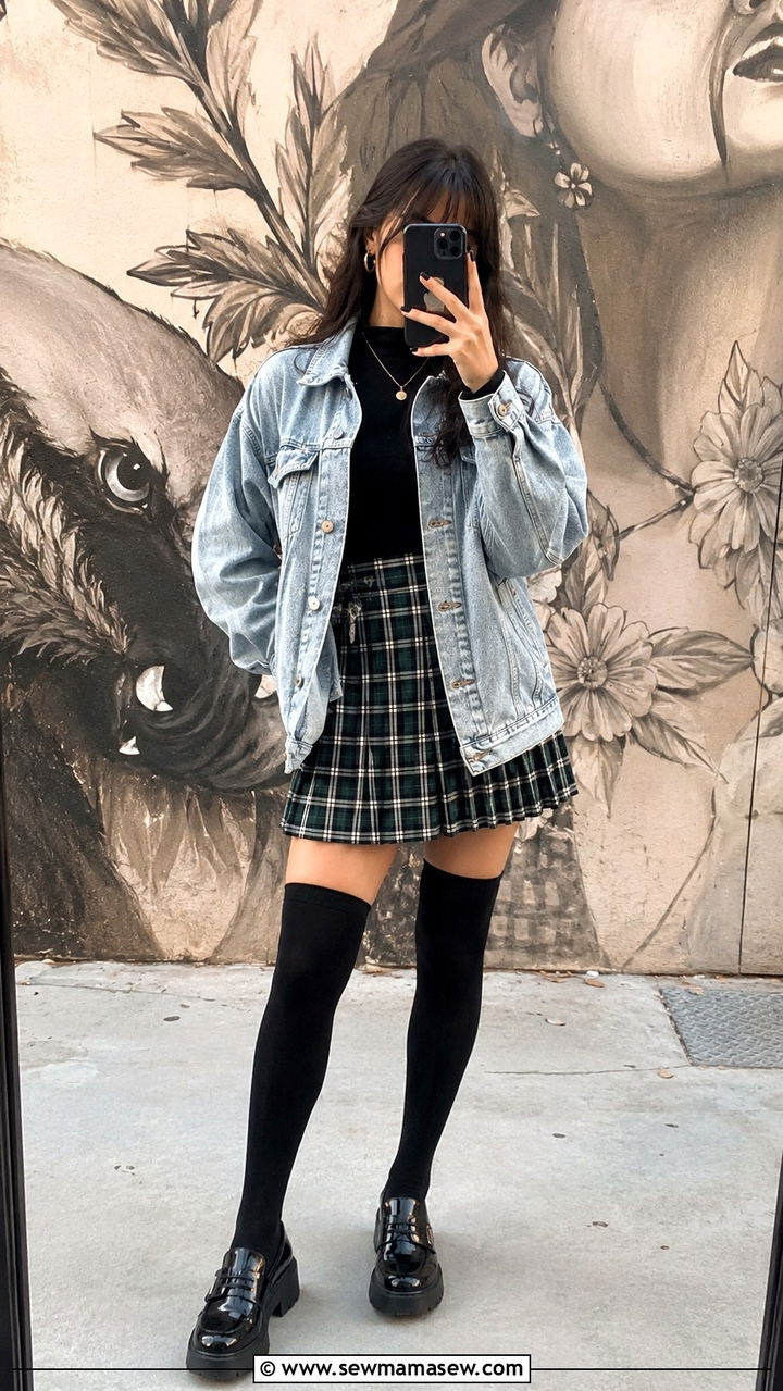 Denim Jacket Over Plaid Pleated Skirt Outfit Light Academia - 30 casual light academia outfits