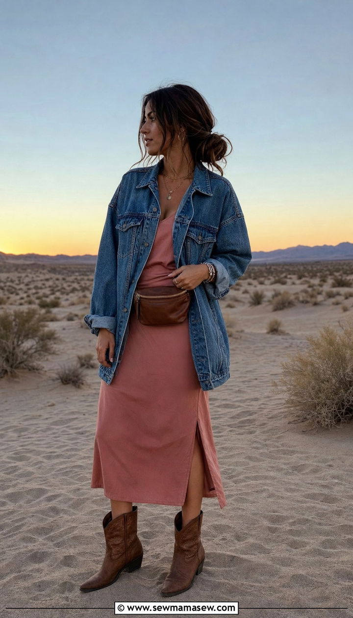 Denim Jacket Over Slip Dress For Desert Evenings - 25 Summer desert outfits
