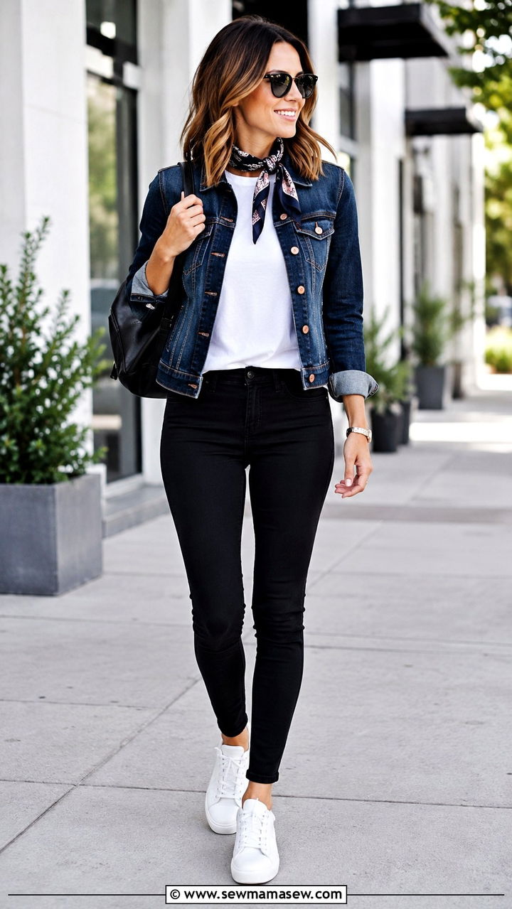 Denim Jacket Over White Tee With Black Skinny Jeans - 25 Reporter outfit ideas
