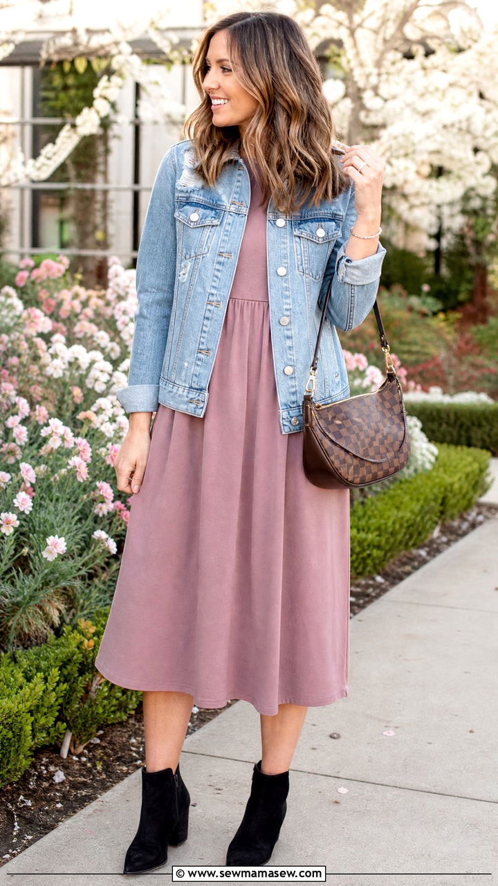 Denim Jacket Over a Dusty Mauve Dress With Ankle Boots - 25 Laid back spring outfit ideas 2026