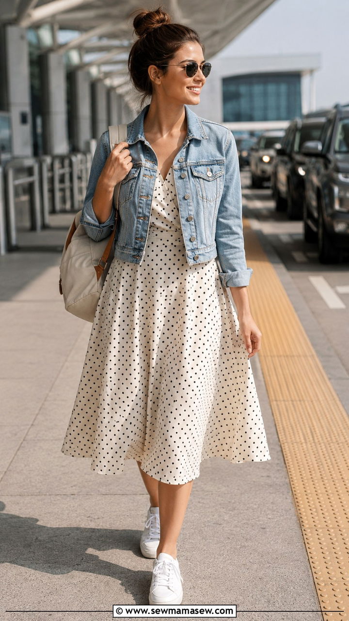 Denim Jacket Over a Fit and Flare Dress - 25 Vacation outfits for pear shape