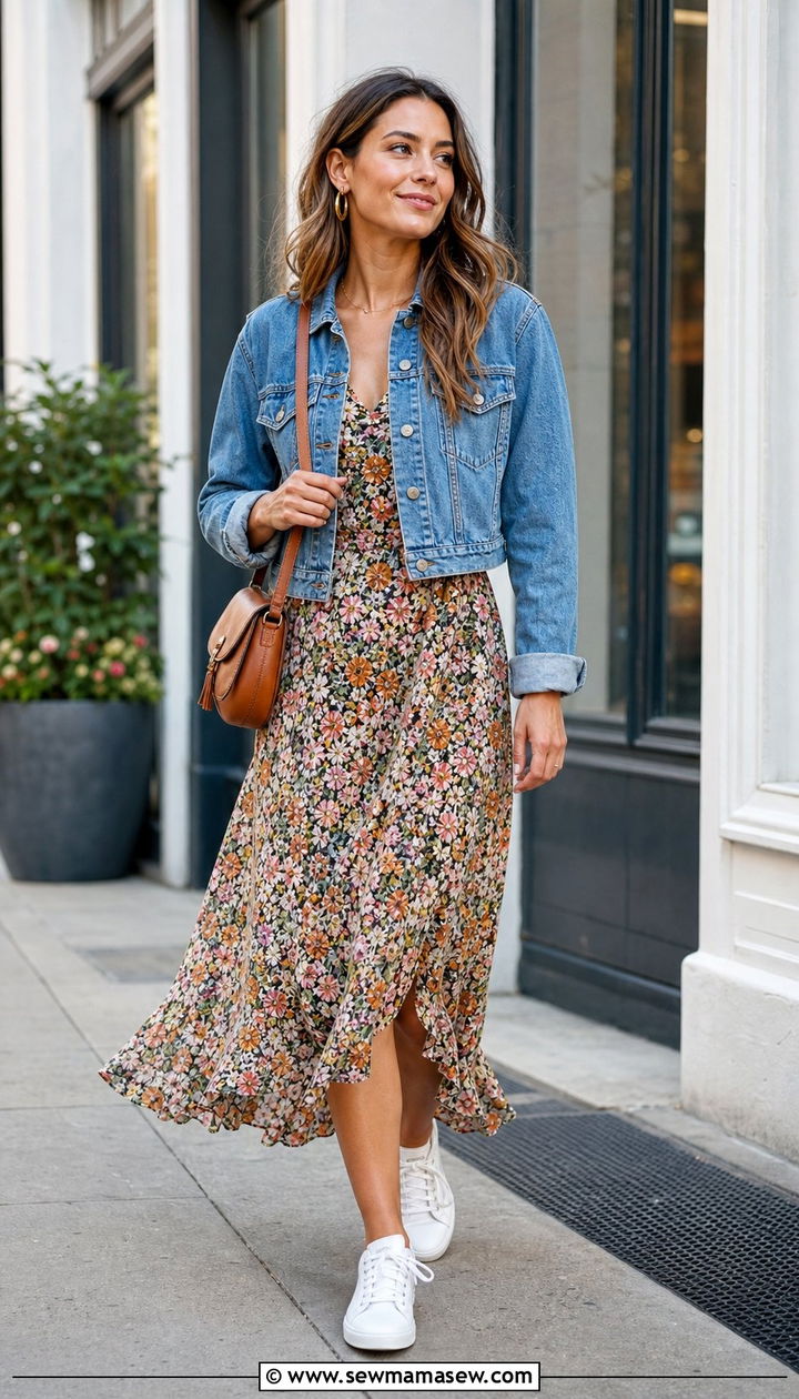 Denim Jacket Over a Floral Midi Dress - 25 Summer layering outfits