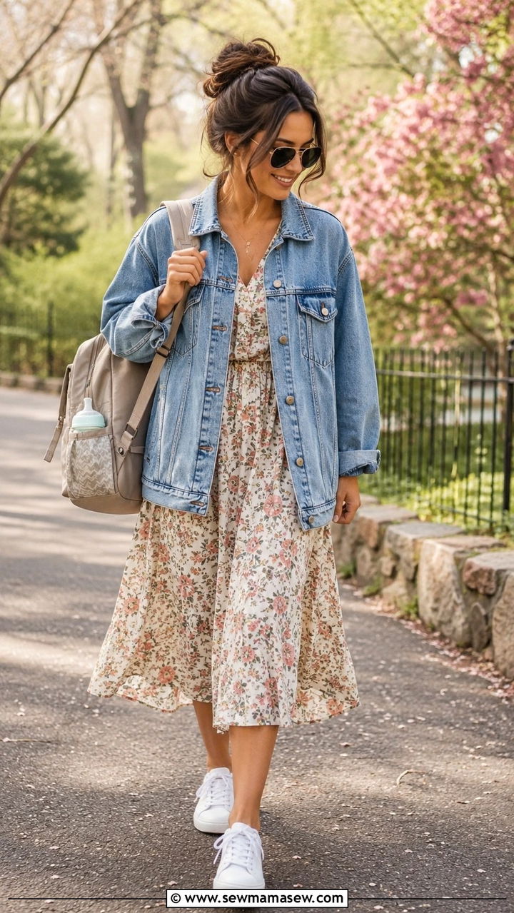 Denim Jacket Over a Floral Midi Dress - 30 Spring outfit ideas for new mom