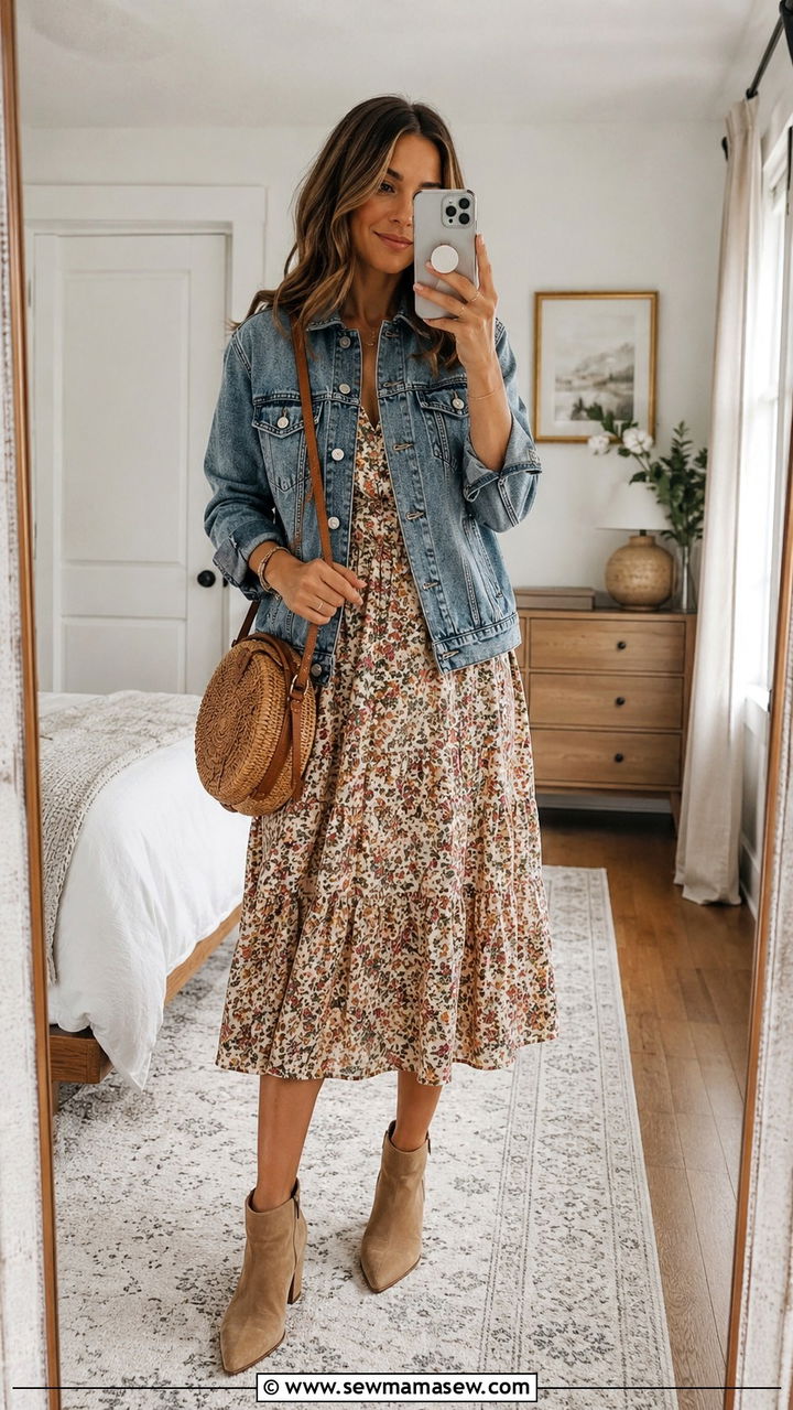 Denim Jacket Over a Floral Midi Dress - 30 transitional casual outfit ideas