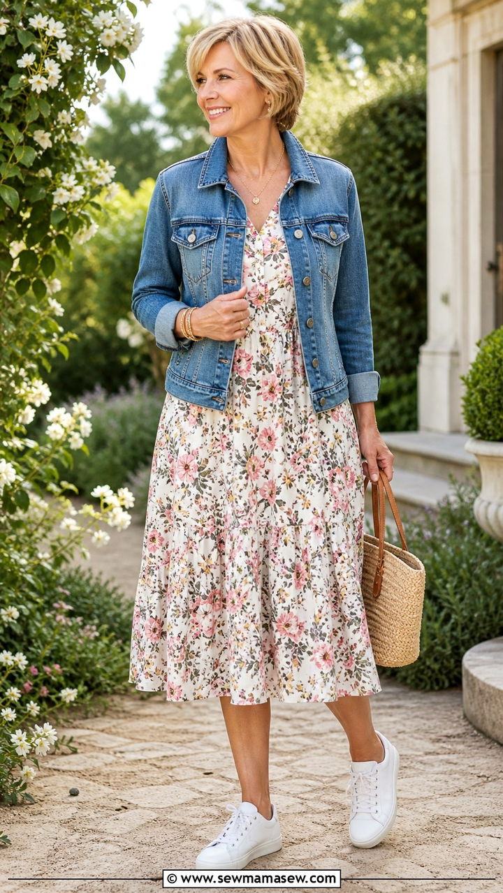 Denim Jacket Over a Floral Midi Dress - 40 Outfit ideas for women over 50
