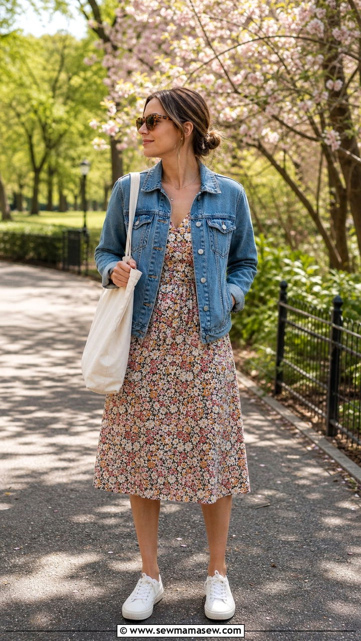 Denim Jacket Over a Floral Midi Dress - 40 summer french girl outfits