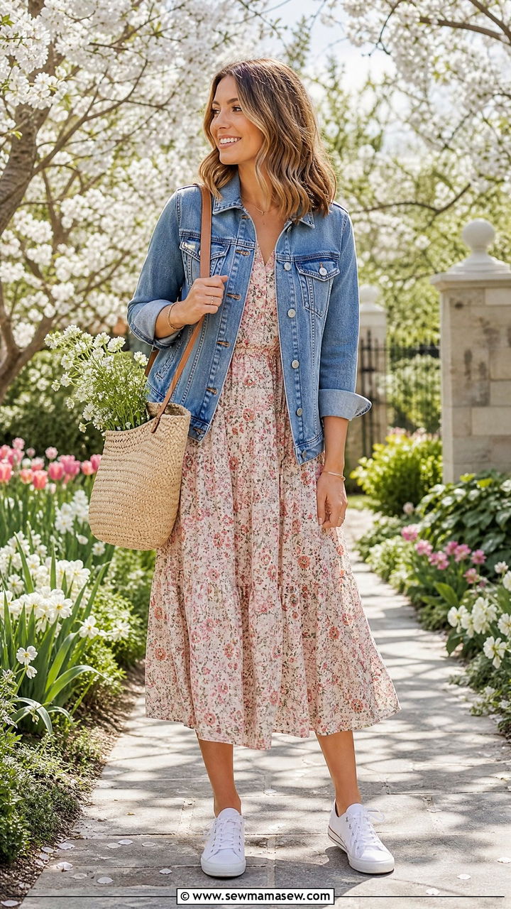 Denim Jacket Over a Floral Midi Dress - 20 Spring outfits for 60 degree weather