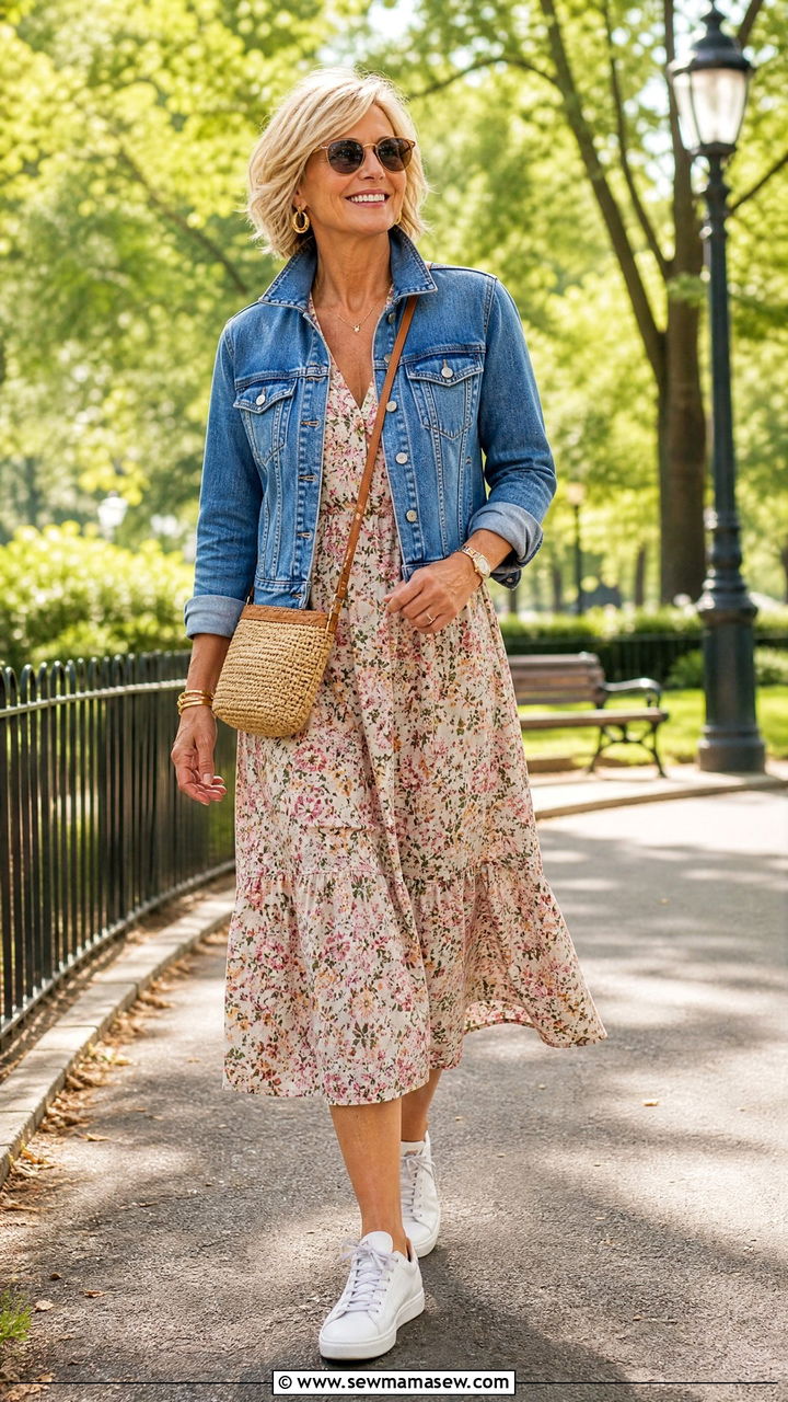 Denim Jacket Over a Floral Midi Dress - 25 Fashion over 50 outfit ideas