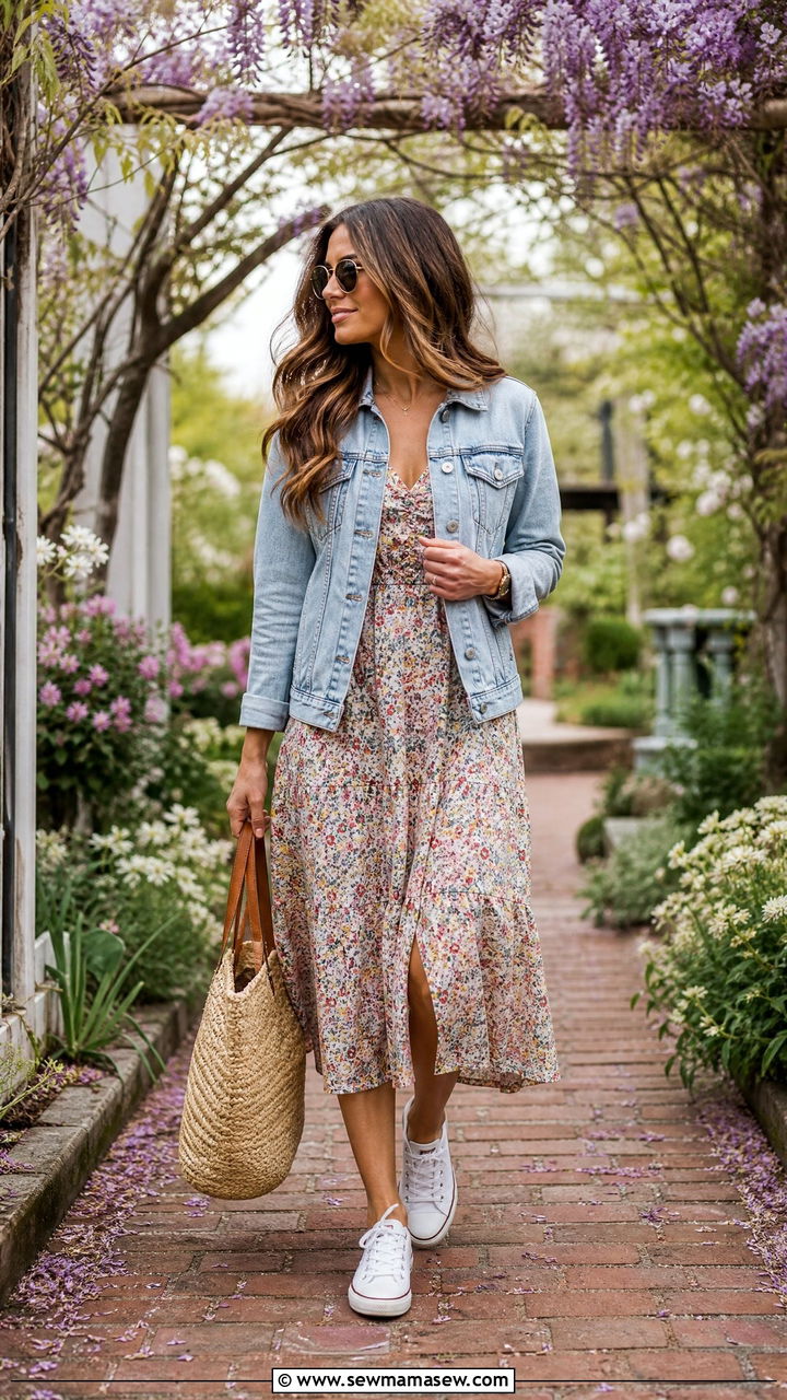 Denim Jacket Over a Floral Midi Dress - 20 Spring outfits for 65 degree weather