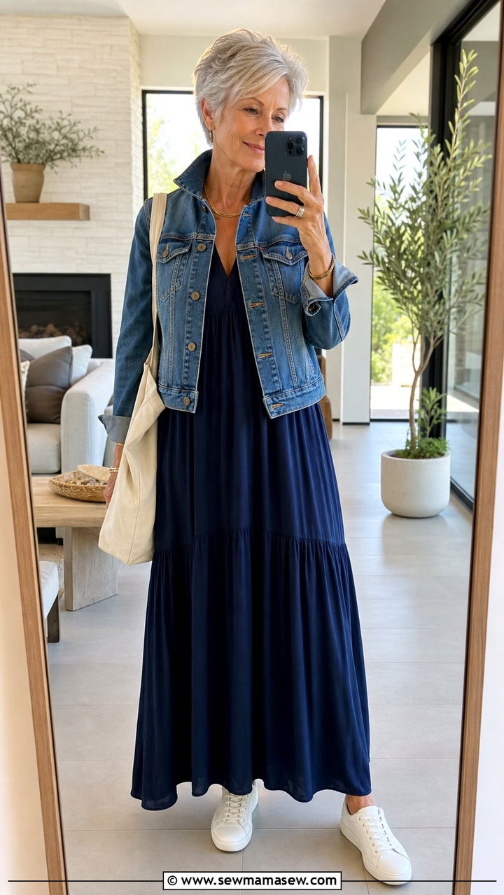 Denim Jacket Over a Flowy Maxi Dress - 25 Cute outfits for women over 60