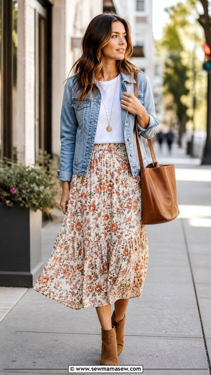Denim Jacket Over a Flowy Midi Skirt - 40 Bohemian outfit ideas