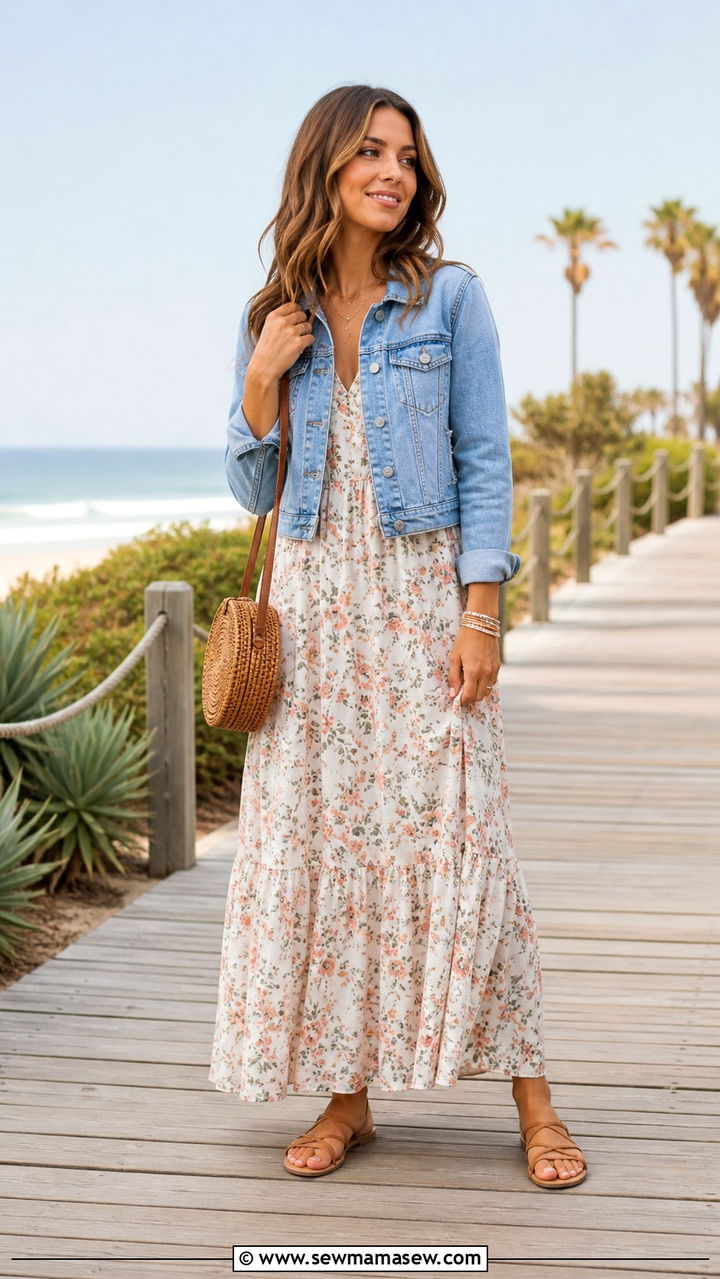 Denim Jacket Over a Maxi Dress - 40 Spring outfits for women over 40
