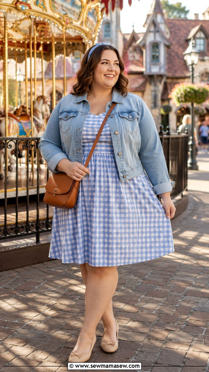 Denim Jacket Sundress and Comfortable Ballet Flats - 30 Plus size theme park outfit ideas