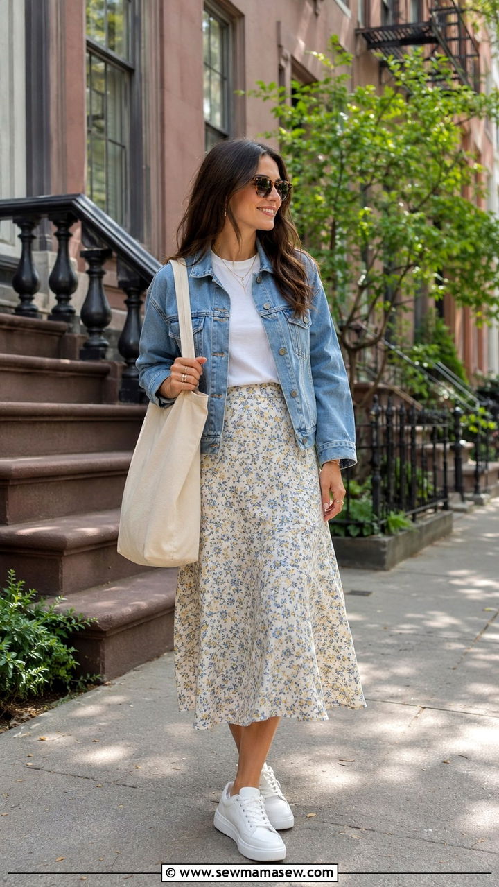 Denim Jacket T Shirt Midi Skirt Sneakers - 30 NYC brunch outfit ideas