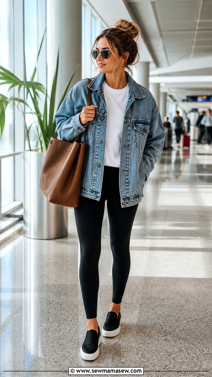 Denim Jacket Tee And Leggings Airport Outfit - 40 Spring airport outfits