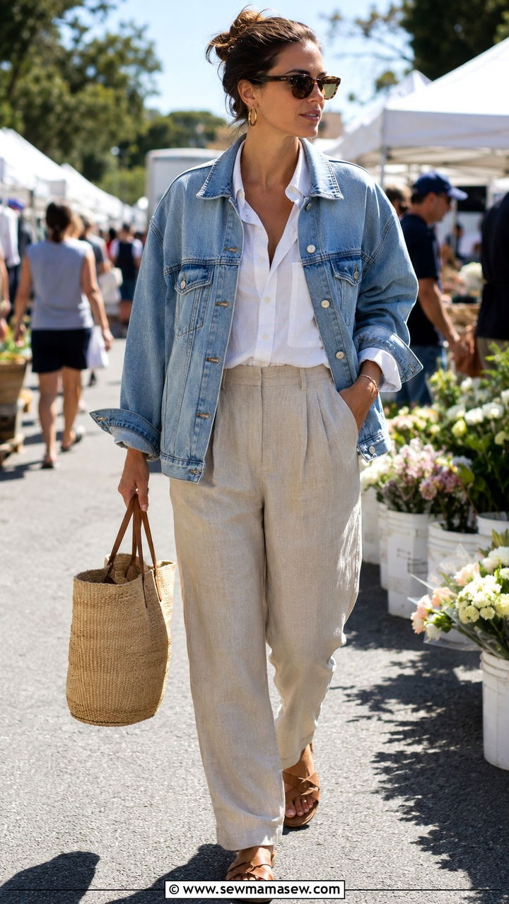 Denim Jacket White Button Down Linen Trousers - 30 model off duty capsule wardrobe outfits