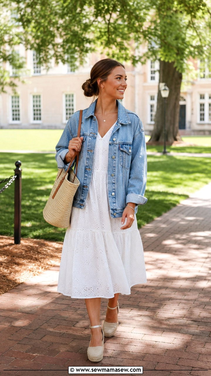 Denim Jacket White Dress Combo - 30 Preppy school outfits