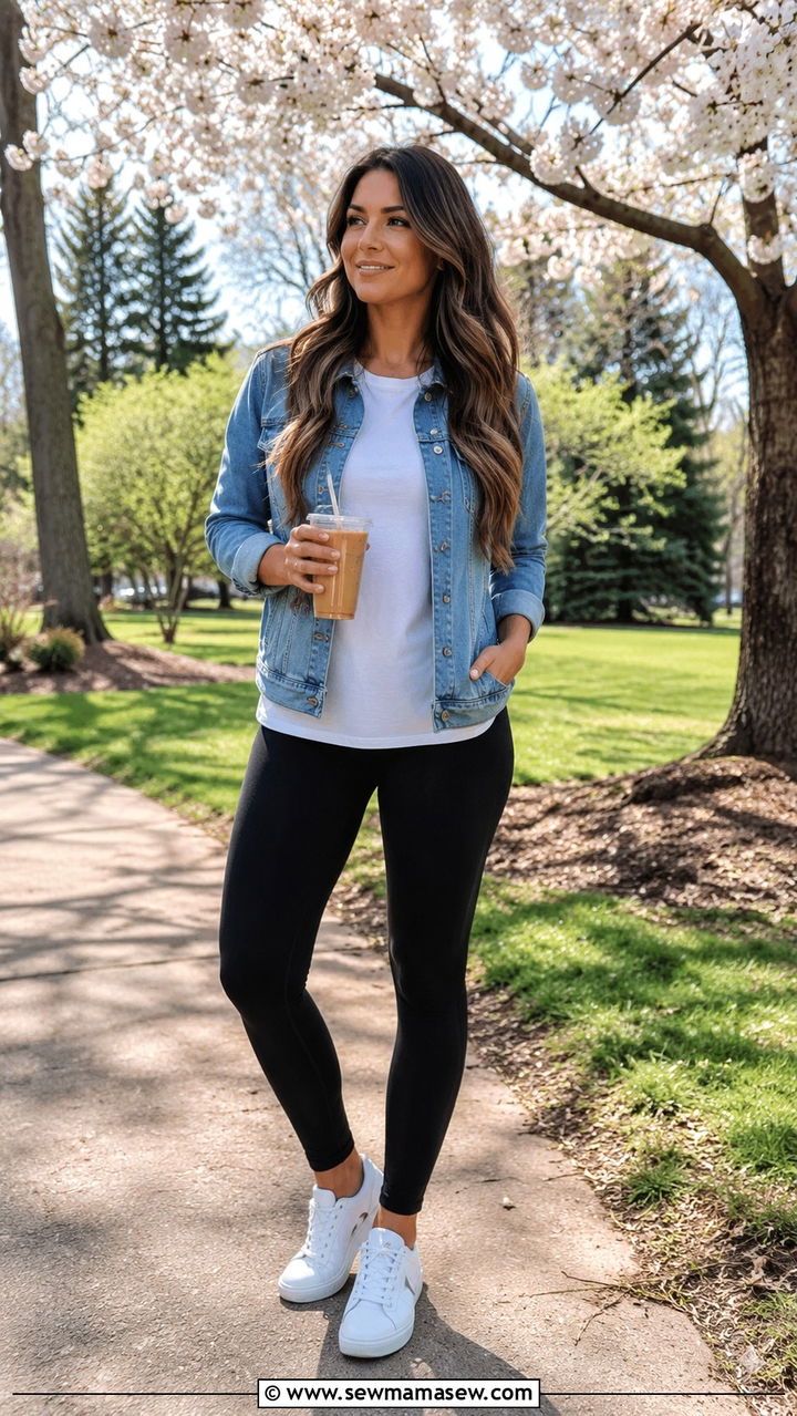 Denim Jacket White Tee and Black Leggings Spring Outfit - 30 Spring outfit ideas for stay at home mom