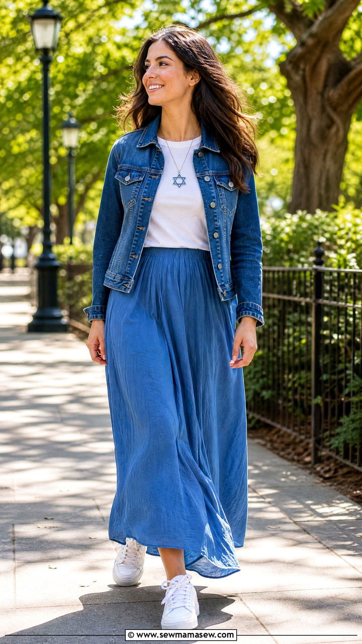 Denim Jacket With A Blue Maxi Skirt And White Sneakers - 25 Hanukkah outfit ideas