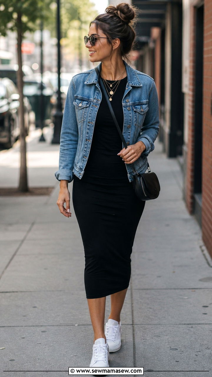 Denim Jacket With A Bodycon Dress And Sneakers - 40 denim jacket outfit ideas