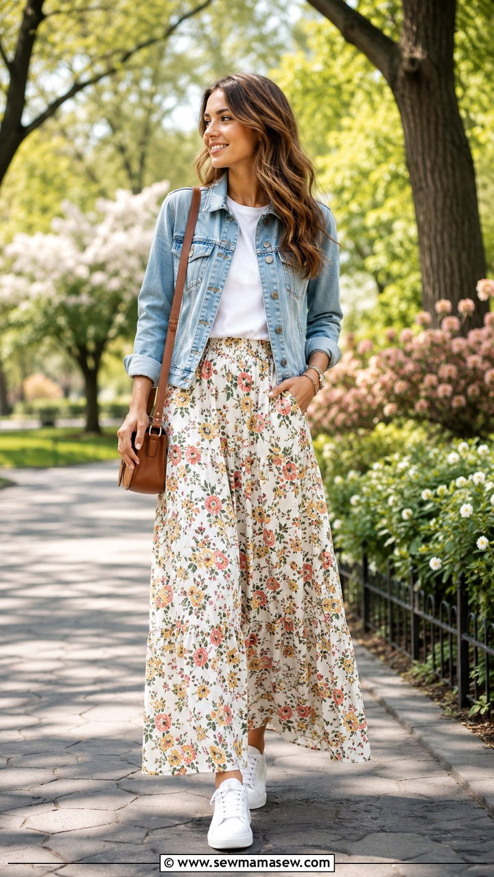 Denim Jacket With A Floral Maxi Skirt Outfit - 30 how to style maxi skirt outfits