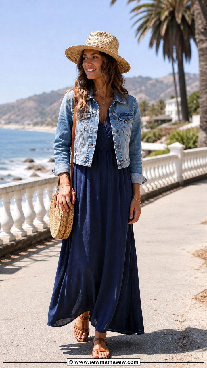 Denim Jacket With A Flowy Maxi Dress And Flat Sandals - 40 denim jacket outfit ideas