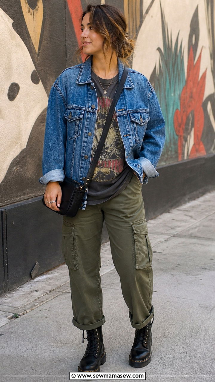 Denim Jacket With A Graphic Tee And Cargo Pants - 40 denim jacket outfit ideas
