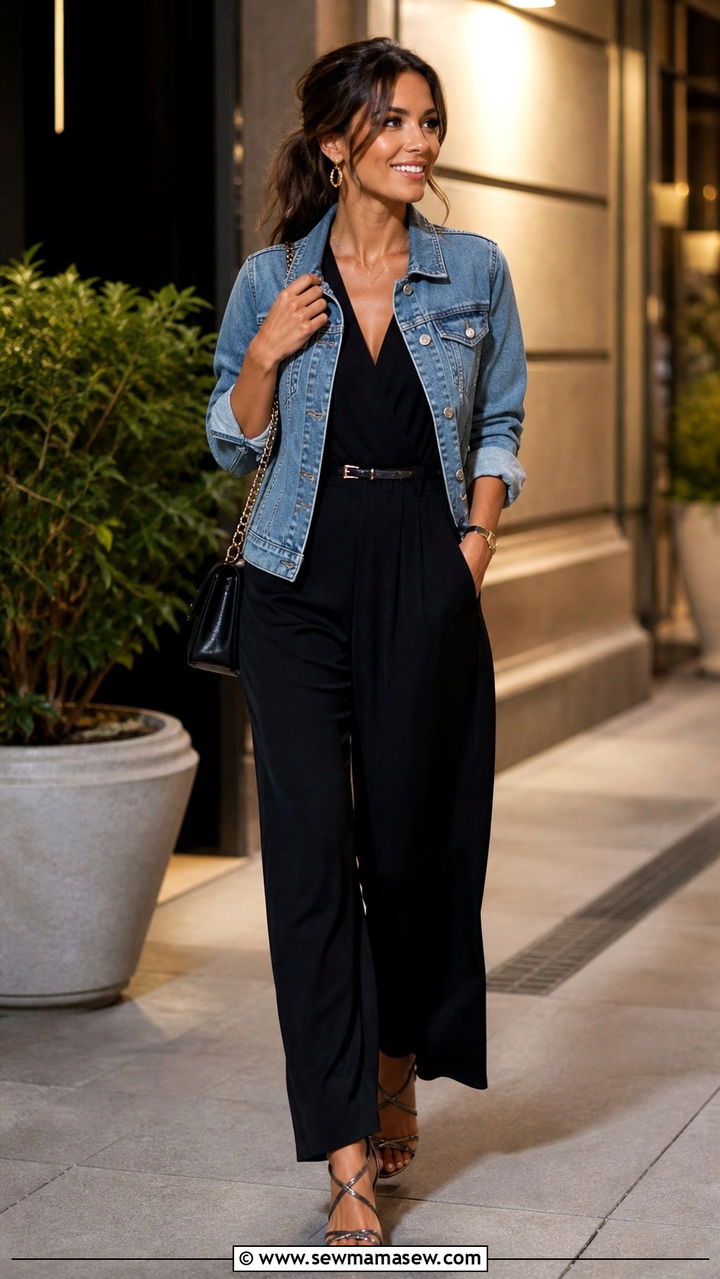 Denim Jacket With A Jumpsuit And Heeled Sandals - 40 denim jacket outfit ideas
