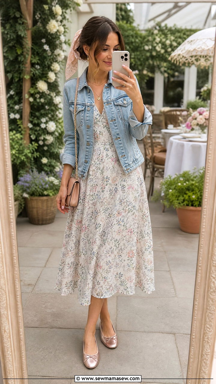 Denim Jacket With A Line Midi Dress And Ballet Flats - 35 How to style a denim jacket for a wedding