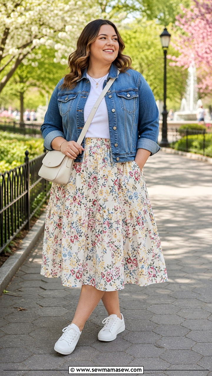 Denim Jacket With A Line Skirt And Sneakers - 25 Outfit ideas for pear shape plus size