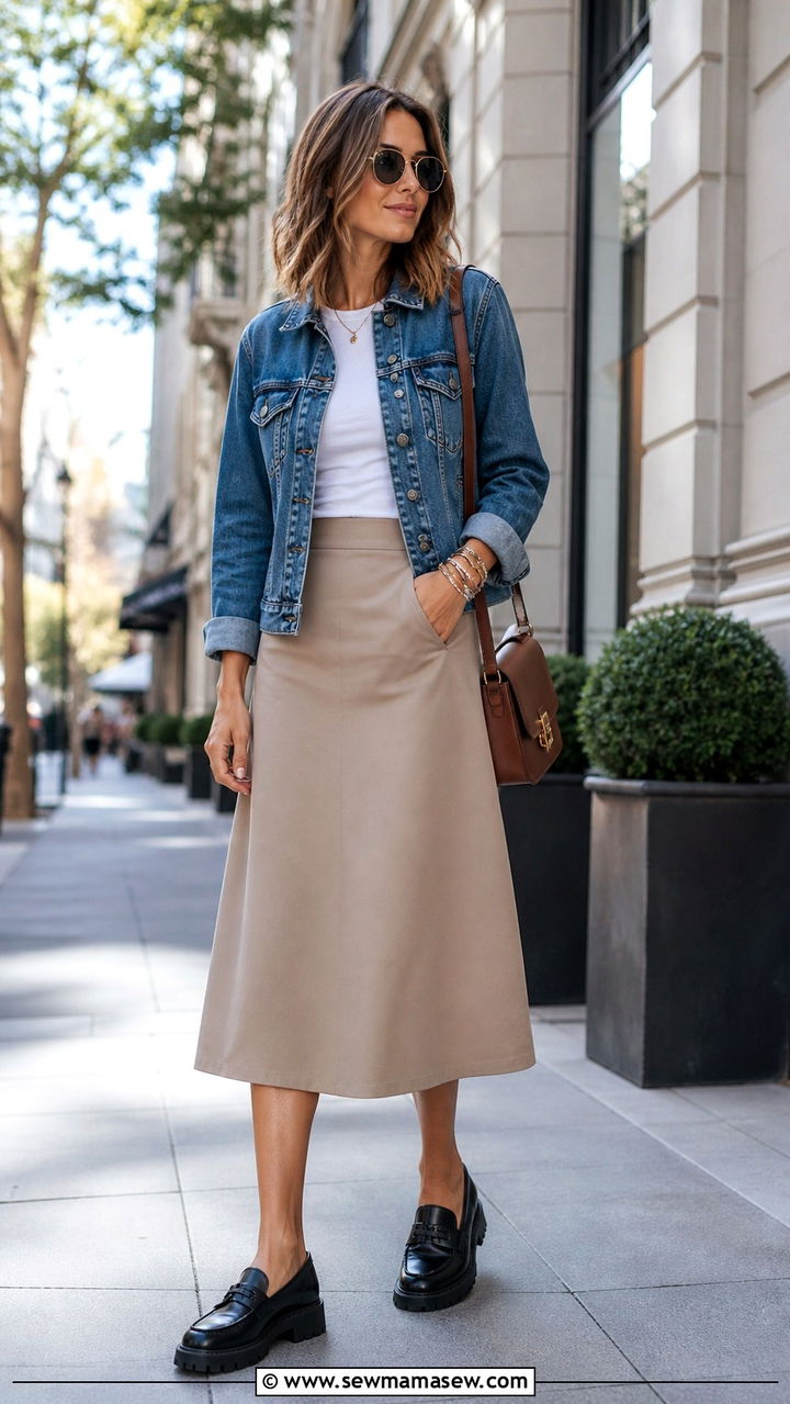 Denim Jacket With A Midi Skirt And Chunky Loafers - 40 denim jacket outfit ideas