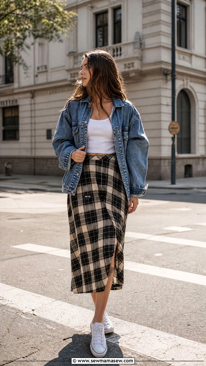 Denim Jacket With A Plaid Midi Skirt - 25 classy grunge outfit ideas