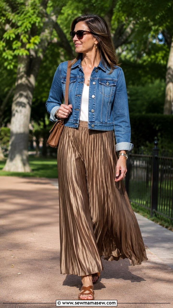Denim Jacket With A Pleated Maxi Skirt - 25 Outfit ideas for women over 40 2026
