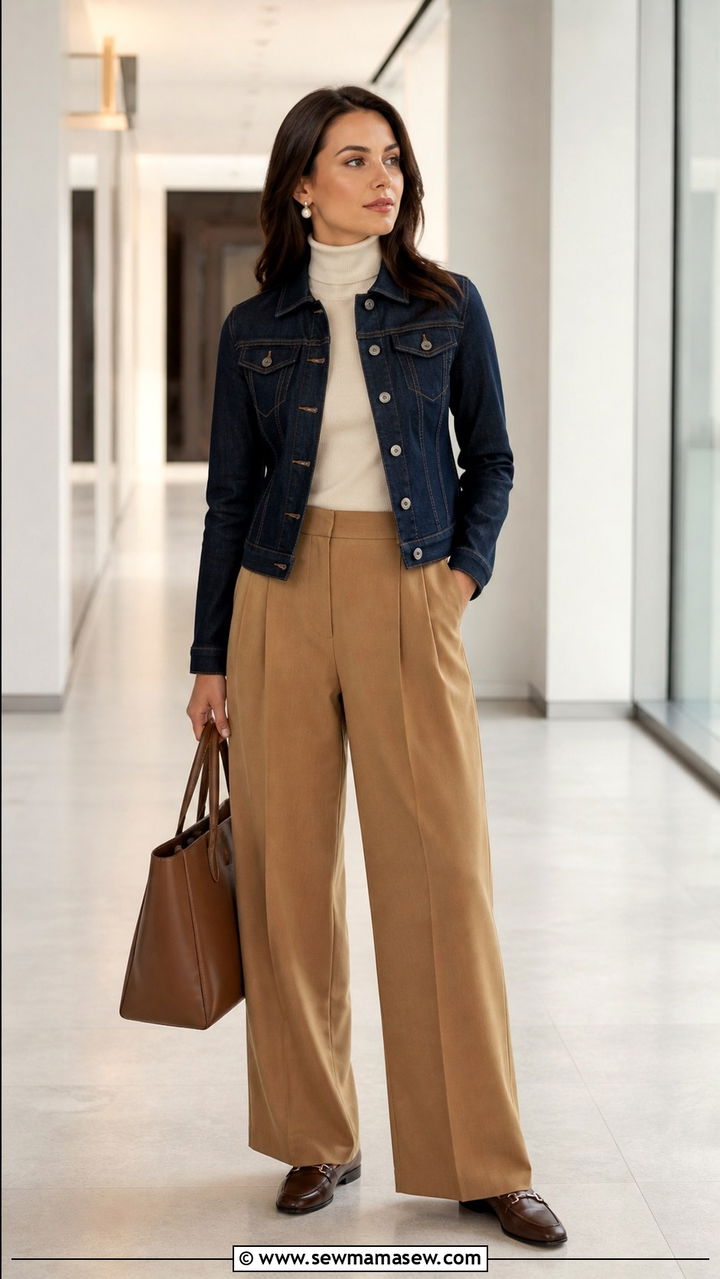 Denim Jacket With A Polo Neck Sweater And Wide Leg Trousers - 40 denim jacket outfit ideas