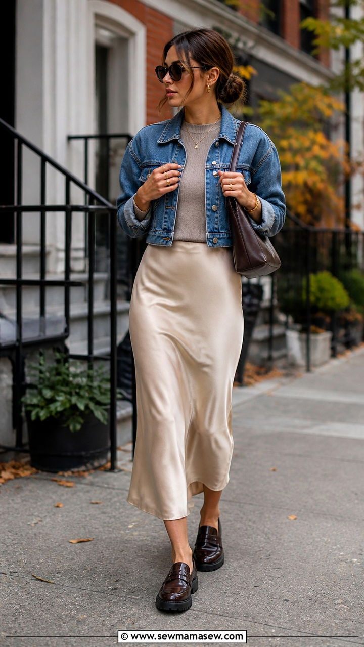Denim Jacket With A Slip Skirt And Chunky Loafers - 40 denim jacket outfit ideas