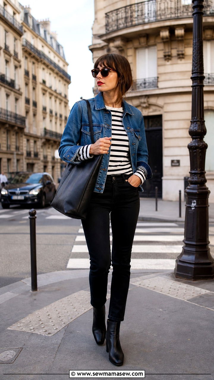 Denim Jacket With A Striped Tee And Black Jeans - 40 denim jacket outfit ideas