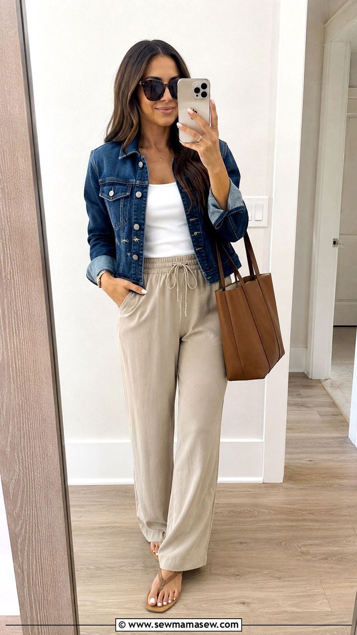 Denim Jacket With Beige Drawstring Pants - 30 spring midsize outfit ideas